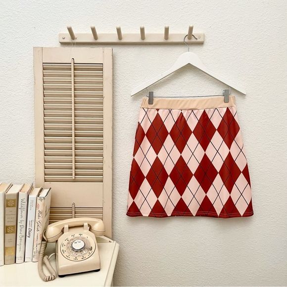 ROMWE, Argyle Print, Stretch Nylon, Pull-on Short Skirt, Brown & Pink, J… - Picture 5 of 7